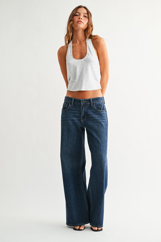 Stretch Mid Rise Palazzo Jeans in Dk. Wash