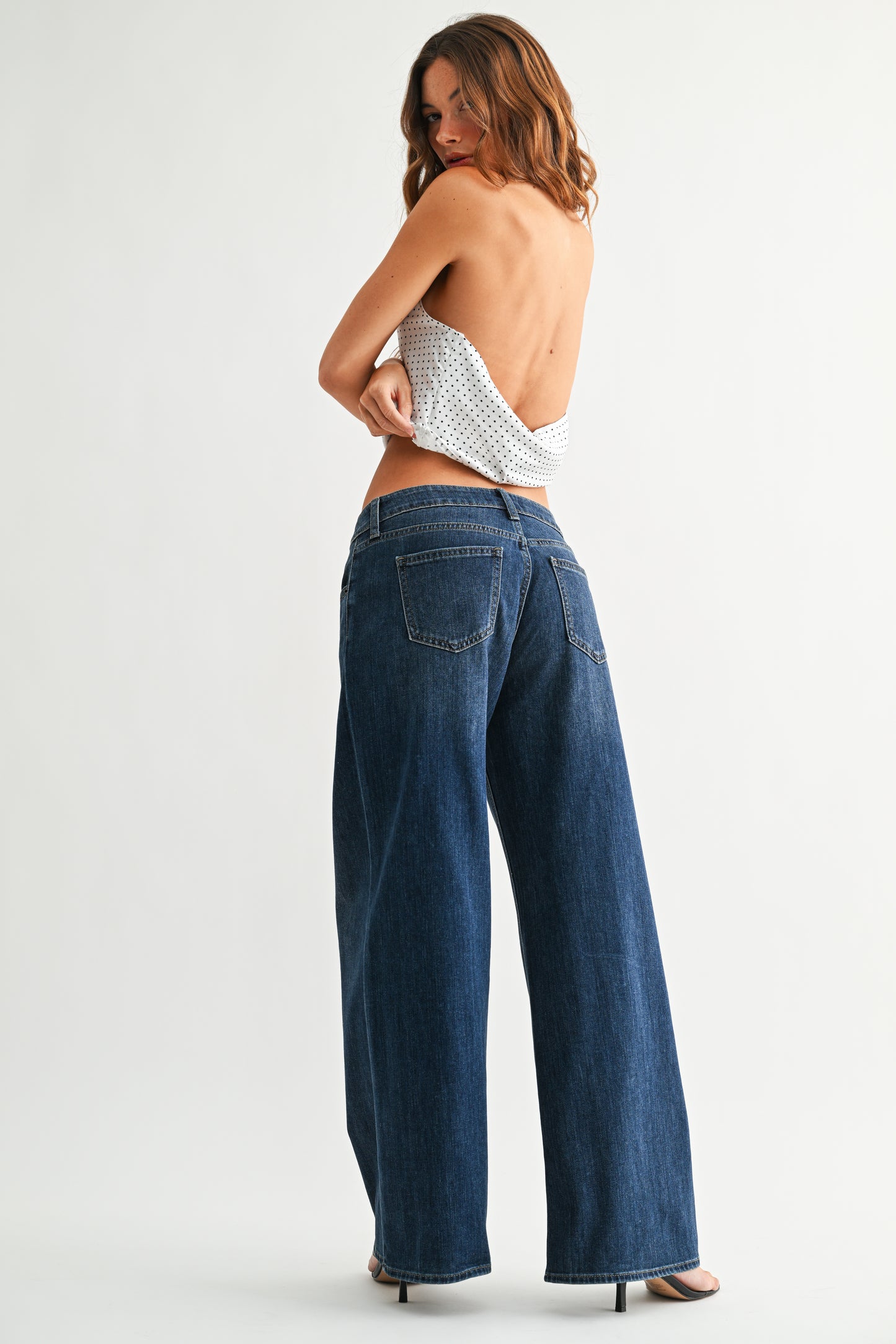 Stretch Mid Rise Palazzo Jeans in Dk. Wash