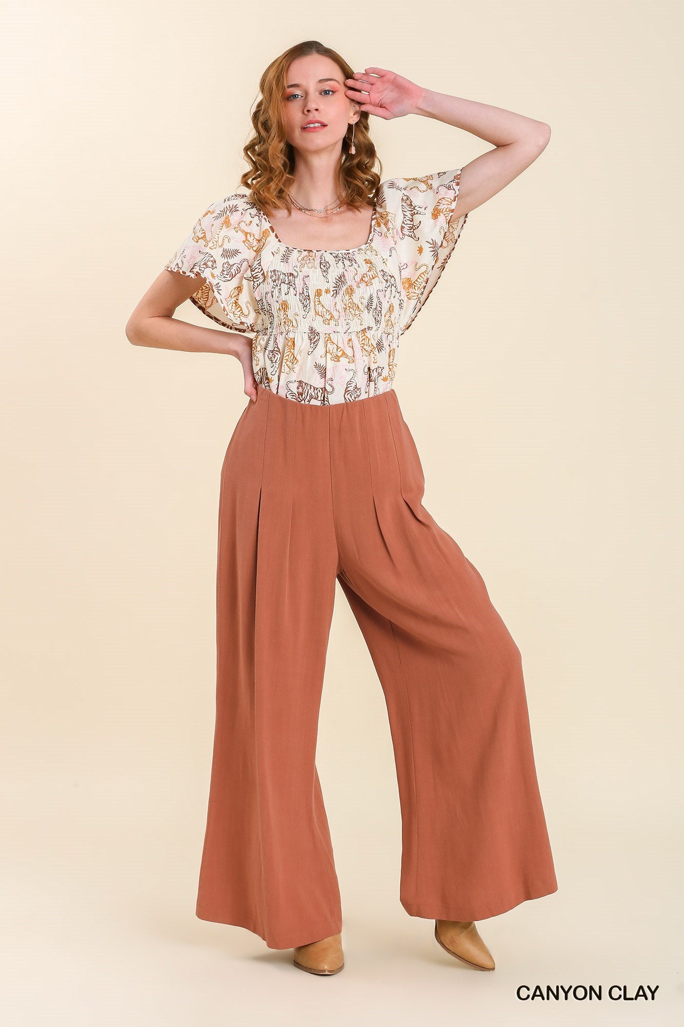 Linen Blend High Waist Pleated Pants