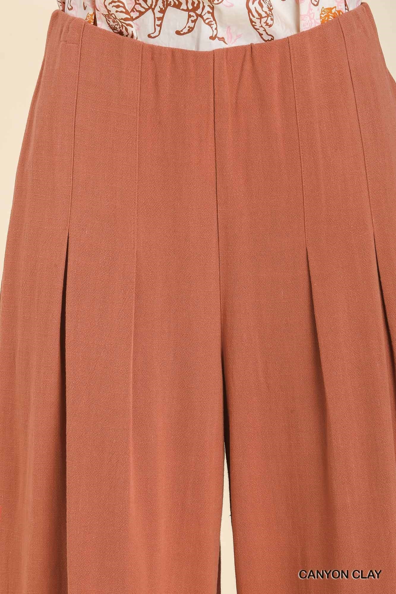 Linen Blend High Waist Pleated Pants