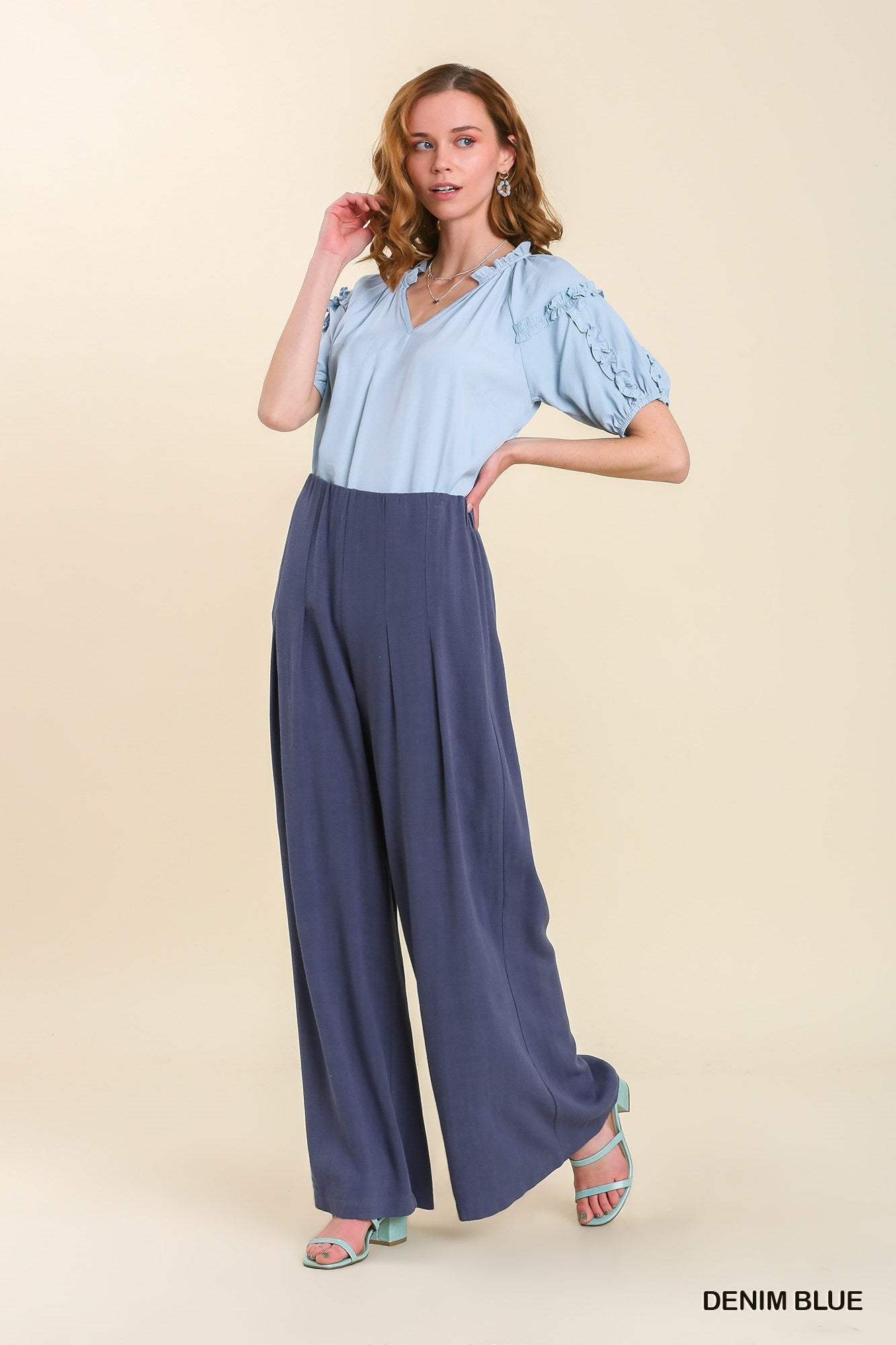 Linen Blend High Waist Pleated Pants