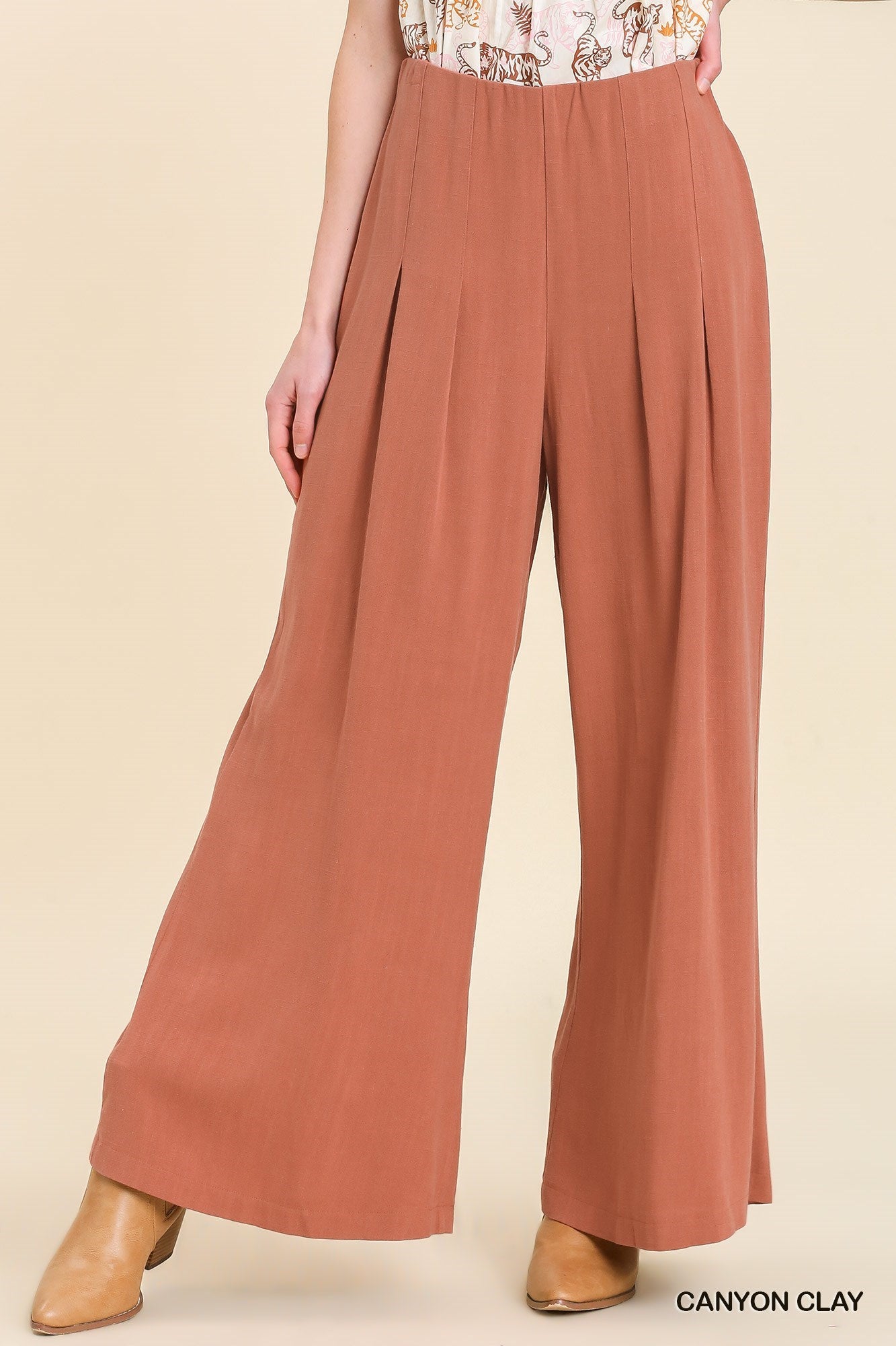 Linen Blend High Waist Pleated Pants