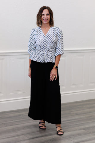 Smocked Tie-Waist Wide-Leg Capri in Black