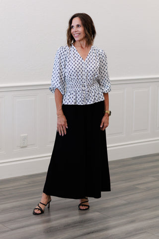 Smocked Tie-Waist Wide-Leg Capri in Black