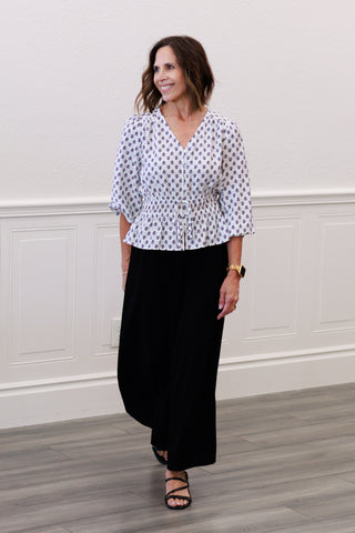 Smocked Tie-Waist Wide-Leg Capri in Black