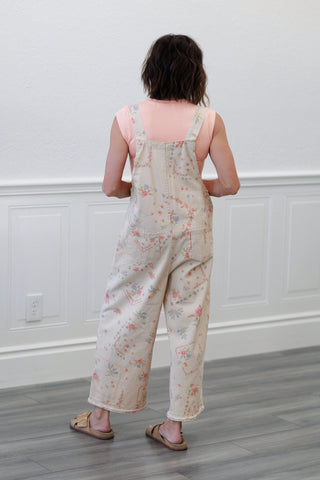Cross-Stitch Floral Cotton Overalls in Cream