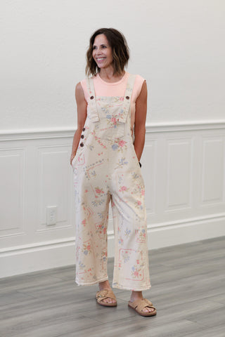 Cross-Stitch Floral Cotton Overalls in Cream