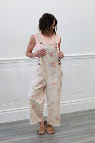 Cross-Stitch Floral Cotton Overalls in Cream