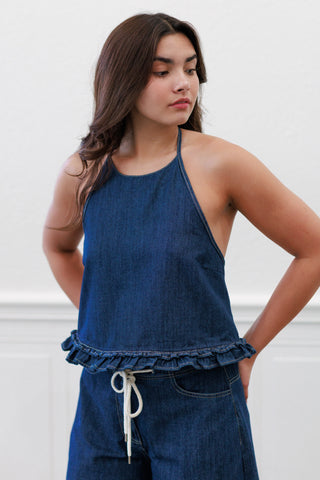 Summer Breeze Denim Halter Frill Top