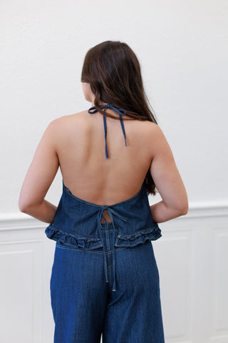 Summer Breeze Denim Halter Frill Top