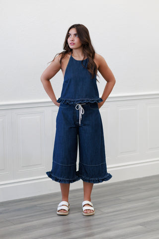 Summer Breeze Denim Halter Frill Top