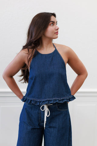 Summer Breeze Denim Halter Frill Top