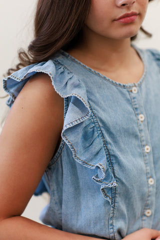 Ruffle Sleeve Tie Waist Denim Romper