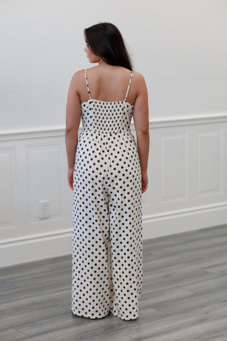 Polka Dot Smocked Back Wide Leg Jumpsuit in Mocha