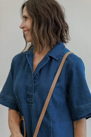 Medium Wash Open Collar Denim Mini Dress