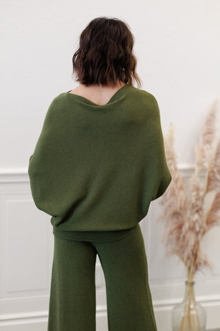 Ribbed Cuff & Hem Asymmetrical Sweater in Italian Olive – by Milio Milano