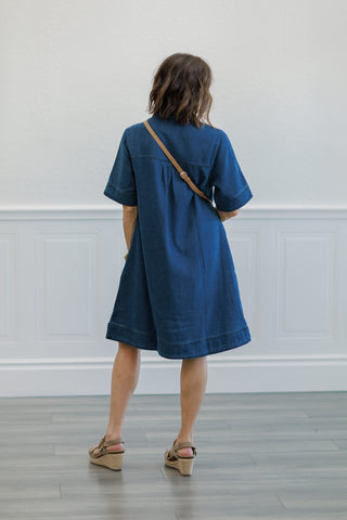 Medium Wash Open Collar Denim Mini Dress
