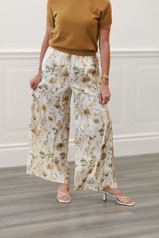 Flower Print Satin Wide Leg Pants