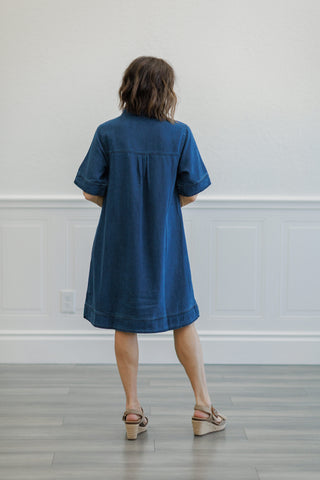 Medium Wash Open Collar Denim Mini Dress