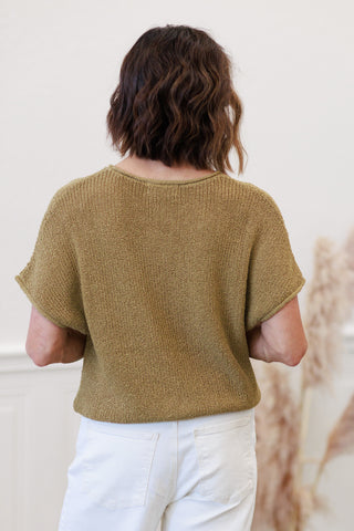 Pointelle Short Sleeve Knit Top in Olive