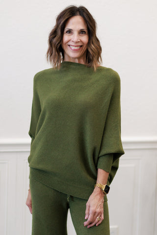 Ribbed Cuff & Hem Asymmetrical Sweater in Italian Olive – by Milio Milano