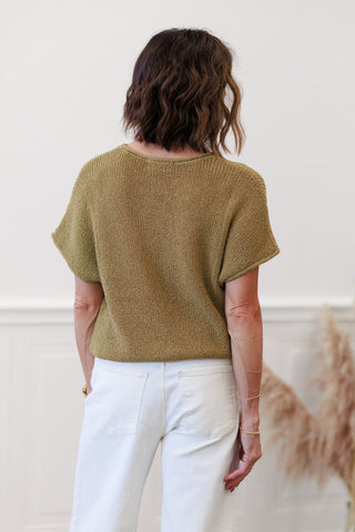 Pointelle Short Sleeve Knit Top in Olive