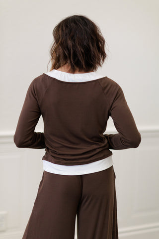 Long Sleeve Contrast Boat Neck Top