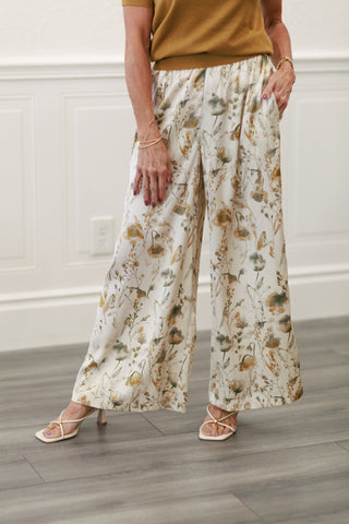 Flower Print Satin Wide Leg Pants