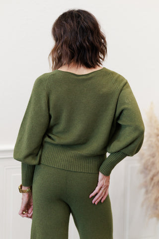 Ribbed Cuff Bubble Sleeve Knit Top in Italian Olive – by Milio Milano