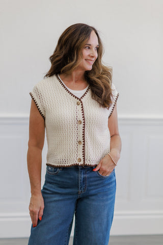 Cream Contrast Trim Crochet Button Front Top