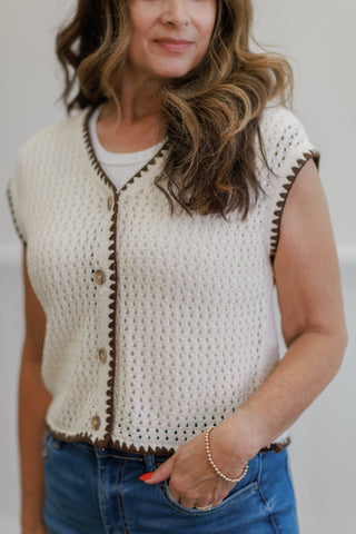 Cream Contrast Trim Crochet Button Front Top