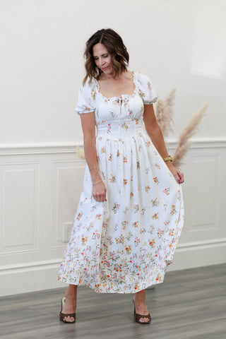 Ivory Floral Puff Sleeve Smocked Midi Dress