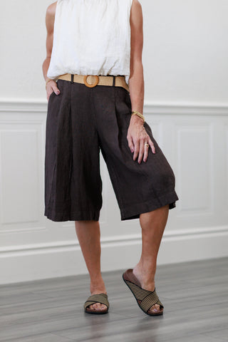 100% Linen Wide Leg Bermuda Shorts in Chocolate