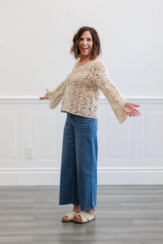 Natural Medallion Crochet Long Sleeve V Neck Top