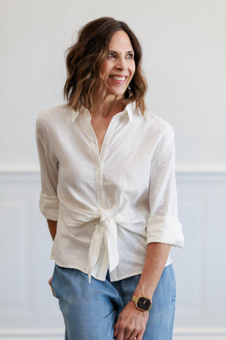 Linen Blend Tie Front Button Down Shirt in Off White