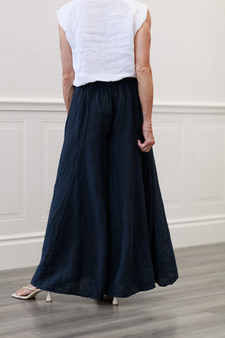 100% Italian Linen A-Seam Wide Leg Palazzo Pants in Navy
