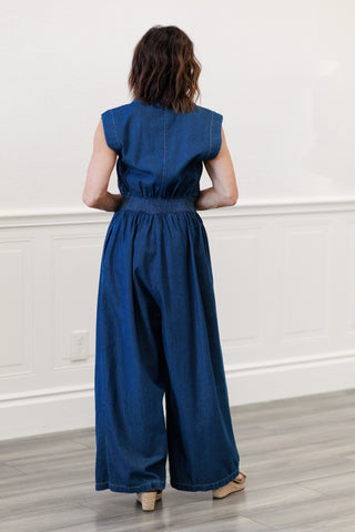 Mineral Washed Denim Wide-Leg Jumpsuit