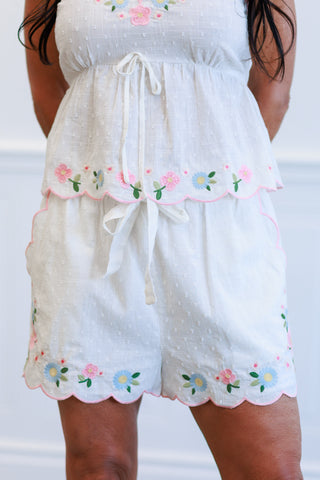 Floral Embroidered Cotton Top and Shorts Set