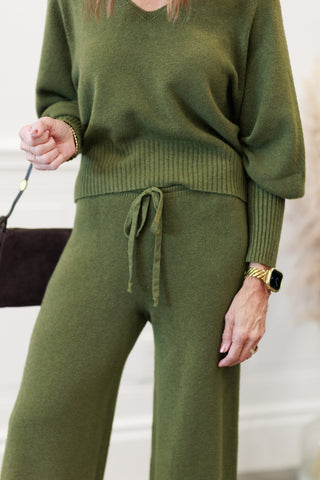 Wide Leg Knit Pants in Italian Olive – by Milio Milano