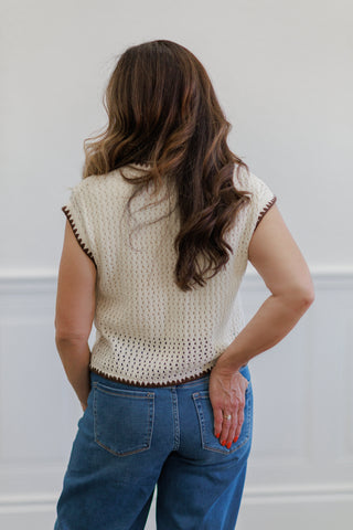 Cream Contrast Trim Crochet Button Front Top