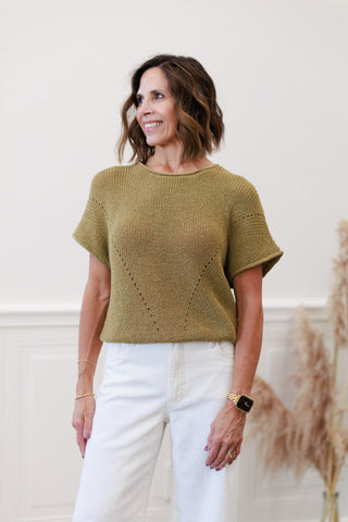 Pointelle Short Sleeve Knit Top in Olive