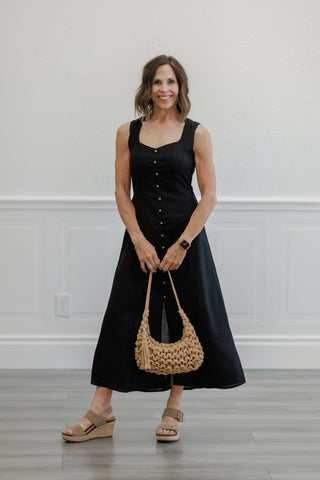 Black Square Neck Button Front Midi Dress
