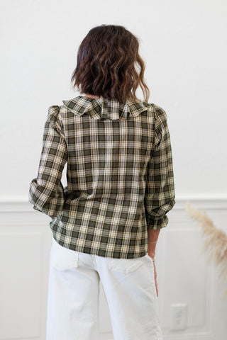 Crinkled Checker Pintuck Ruffle Top in Olive