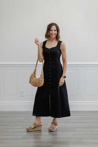 Black Square Neck Button Front Midi Dress