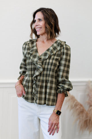Crinkled Checker Pintuck Ruffle Top in Olive