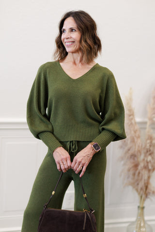 Ribbed Cuff Bubble Sleeve Knit Top in Italian Olive – by Milio Milano