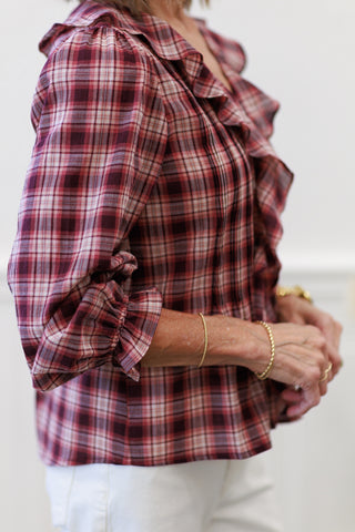 Crinkled Checker Pintuck Ruffle Top in Plum