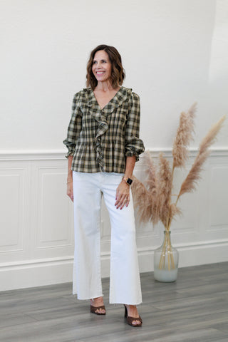 Crinkled Checker Pintuck Ruffle Top in Olive