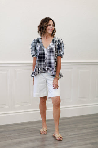 V-Neck Gingham Blouse in Black/White