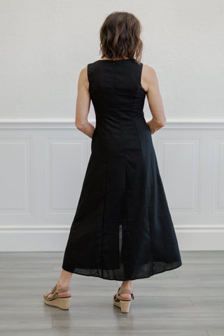 Black Square Neck Button Front Midi Dress